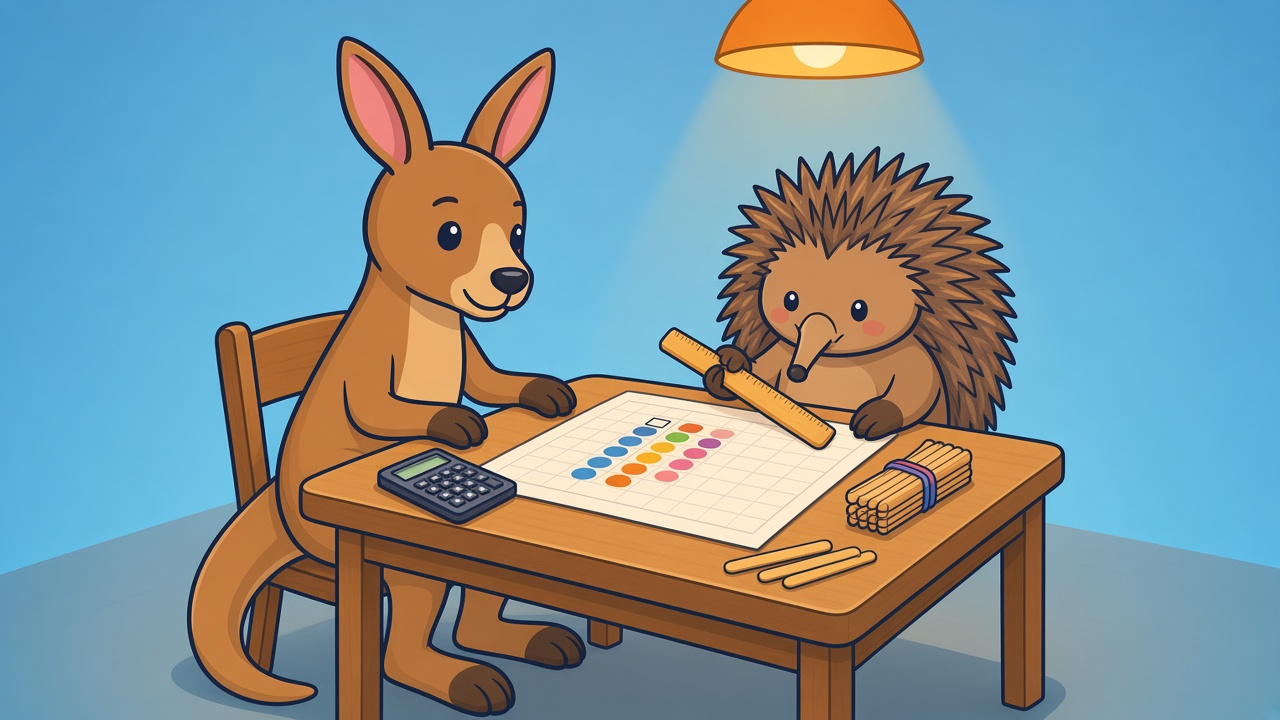 Kip the kangaroo and Spike the echidna lining up columns of coloured dots on squared paper, with bundles of icy pole sticks