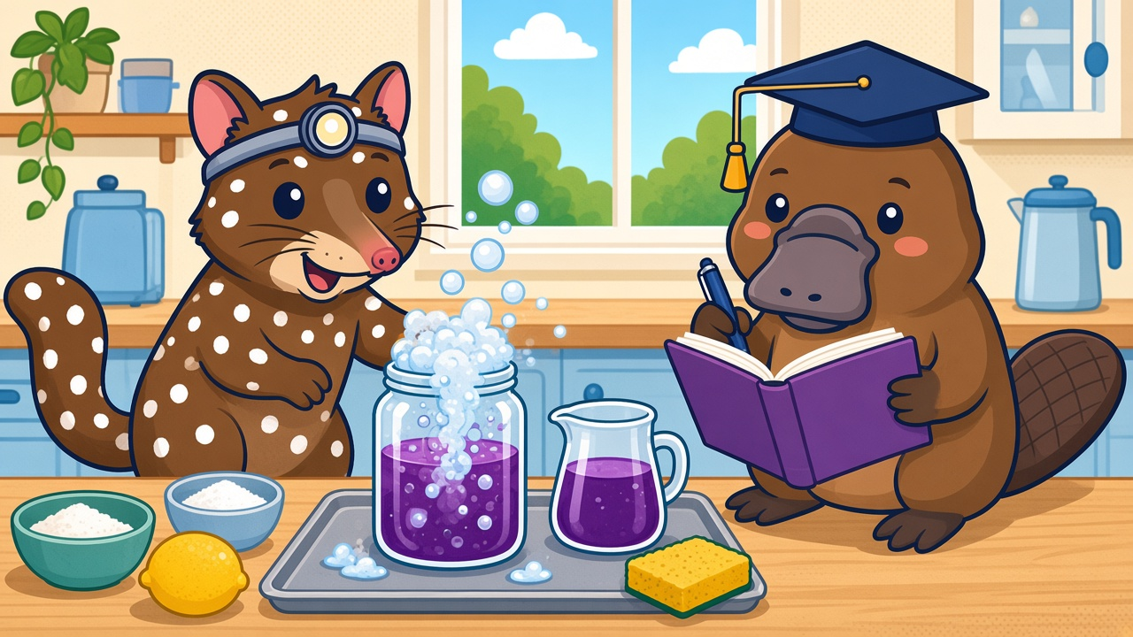 Dot the quoll watching a jar fizz over while Pip the platypus takes notes in a kitchen science lab