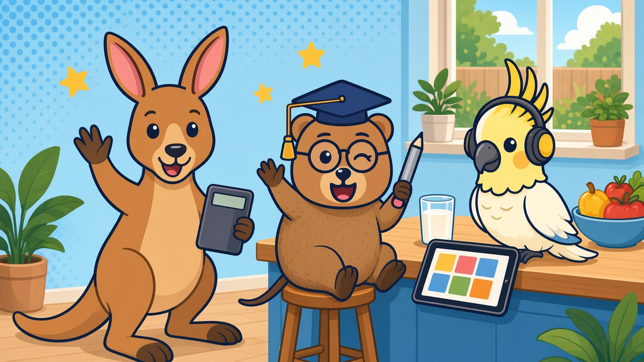 Quinn the quokka, Kip the kangaroo and Coco the cockatoo waving hello in a sunny kitchen beside a tablet of coloured tiles