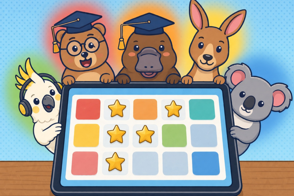 Quinn, Pip, Kip, Coco and Kobi peeking over a tablet showing coloured tiles and gold stars