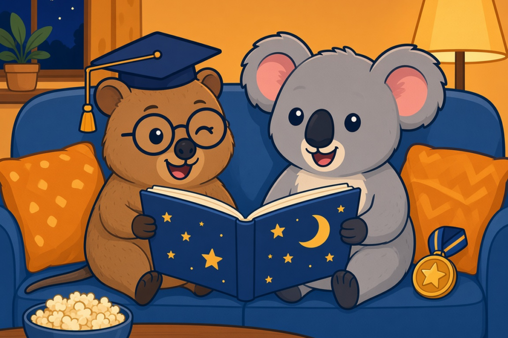 Quinn the quokka and Kobi the koala reading a bedtime book on the couch, with a gold star medal and popcorn