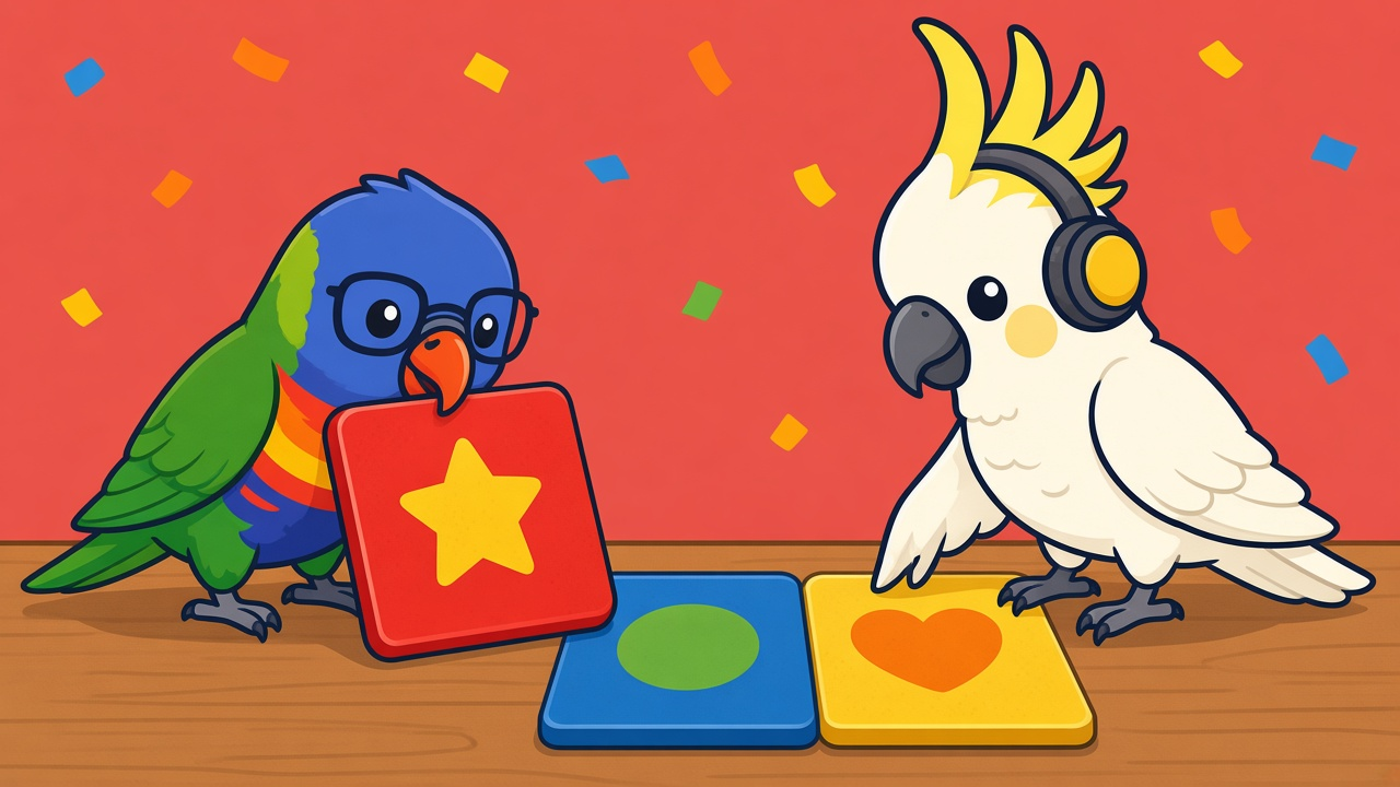 Lulu the lorikeet and Coco the cockatoo playing with chunky coloured game tiles on a table